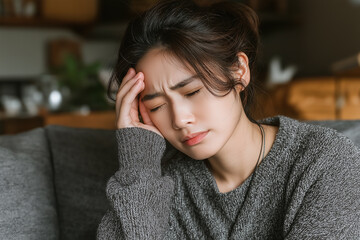 Close-up of a young woman sitting on a sofa, holding her head in pain with a severe headache. Symbolism: Represents Migraine, Stress, Anxiety, Illness, Tension, and the need for Rest/Relief.