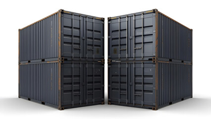 A pair of identical, dark gray shipping containers