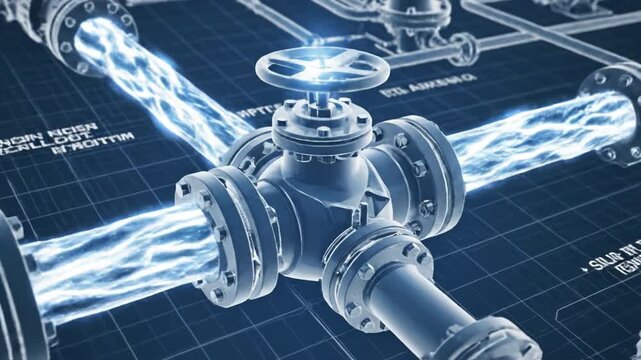 Industrial valve and pipeline system with flowing liquid, mechanical metal components, fluid control, engineering schematic, energy flow, and technical blueprint for industrial mechanical engineering