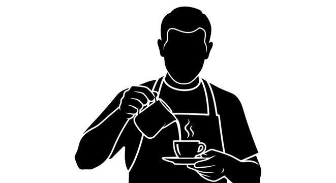 Barista expertly pouring steamed milk into a coffee cup, creating latte art.