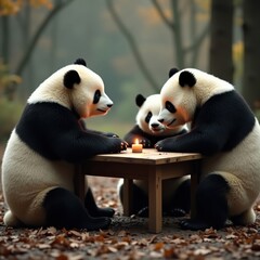 Three adorable pandas gathered around a small table with a candle