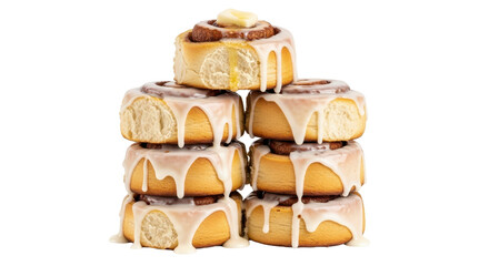 Stack of delicious cinnamon rolls with icing isolated PNG with Transparent Background