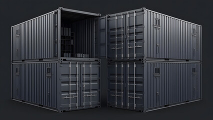 A pair of identical, dark gray shipping containers