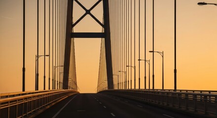 Sunrise view of a modern cable-stayed bridge. Road stretches into distance