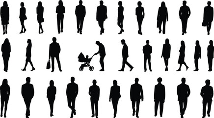 Large group of diverse people silhouettes walking, standing, and with a stroller, perfect for urban, crowd, and scale graphics.