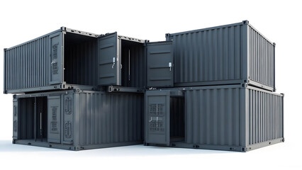 A pair of identical, dark gray shipping containers