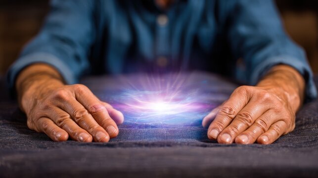 Mature hands hover over a bright, glowing purple and blue energy field emitting light upwards