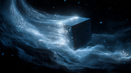 Stunning cube of light and energy flowing in a futuristic realm, a modern concept for technology, data, and innovation, conveying power and sophistication