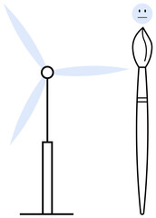 Renewable energy, eco-friendly design, sustainable art, environmental awareness, creative solutions, and clean energy. A wind turbine and a paintbrush alongside a neutral expression face. Renewable