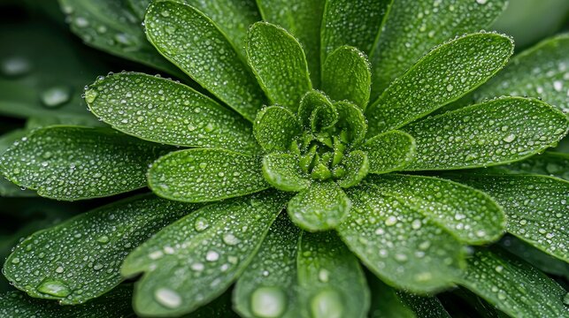 Close-up of a green plant with water droplets on its leaves. The image is a macro shot, highlighting the texture and details. - Powered by Adobe