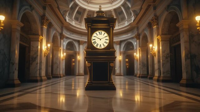 Elegant grandfather clock standing majestically in a luxurious, ornate marble hall with golden accents.