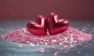 Two glossy, vibrant pink hearts rest on a bed of shimmering pink glitter