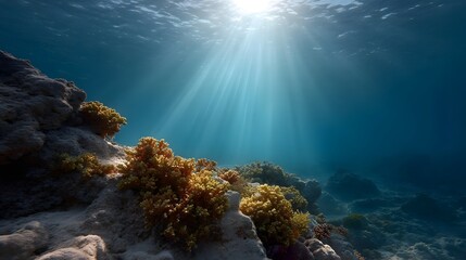 Fototapeta premium Sunlight streams through the blue ocean illuminating a colorful coral reef on the seabed
