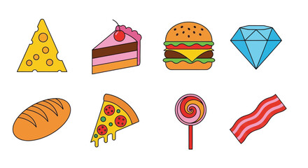 A vibrant collection of diverse food and gemstone icons, offering a playful visual feast.