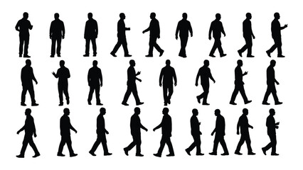 Male silhouettes in various poses isolated on white background, Vector