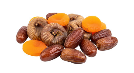 Pile of assorted dried fruits, figs, dates, and apricots isolated PNG with Transparent Background