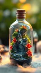 Small enchanting waterfall and greenery inside a glass bottle, creating a miniature natural scene