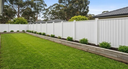 Suburban backyard with white fence and garden beds