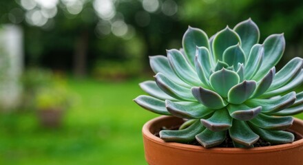 Succulent in terracotta pot, garden backdrop
