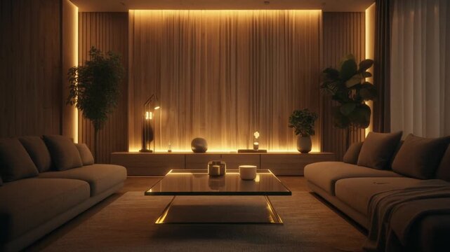A luxurious modern living room interior with warm ambient lighting, comfortable sofas, and elegant minimalist decor.