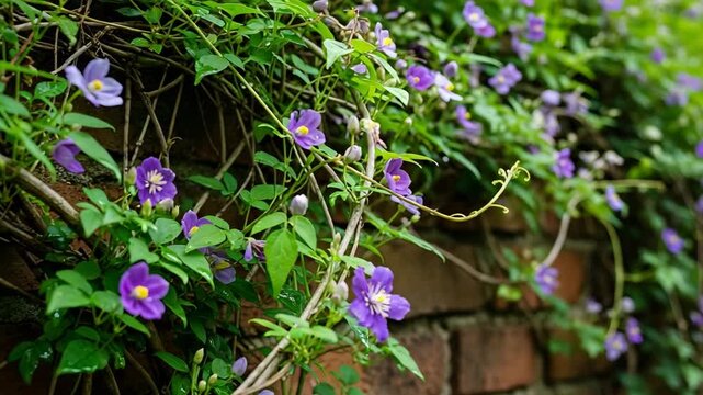 Beautiful purple clematis flowers growing on a brick wall in a garden