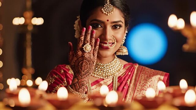 Indian woman celebrating Karva Chauth with traditional attire and lit diyas