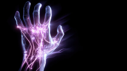 Glowing neural hand with radiant energy lines, futuristic digital anatomy visualization