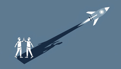 Dynamic illustration of collective human effort and high-fives creating a rocket's shadow, representing startup success, collaborative achievement, and future ambition