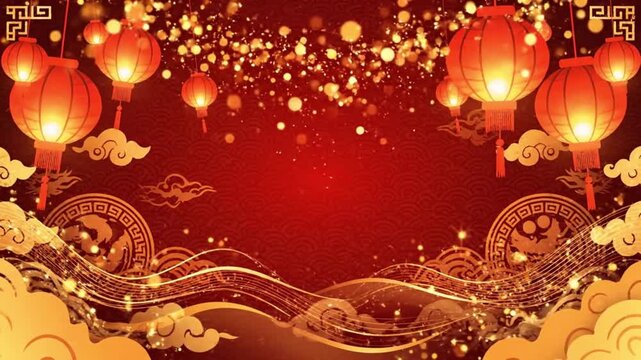 Red lanterns glowing with sparkling lights and golden clouds for Chinese New Year celebration - Powered by Adobe