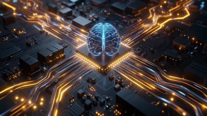 An artistic representation of a glowing brain integrated into a computer circuit board. - Powered by Adobe