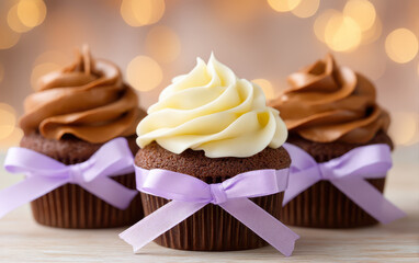 Delightful cupcakes with creamy frosting topped with ribbons create happy atmosphere perfect for anniversary celebration at work. These treats bring joy to any occasion