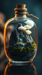 Miniature Mountain Landscape with Waterfall and Lush Greenery Inside a Glass Bottle