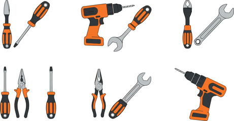 Hand tools set with screwdriver wrench pliers and electric drill, repair equipment collection, vector illustration isolated on white background