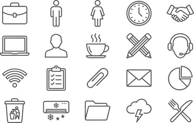 Office icons, workplace, communication, productivity, business tools, employee, meeting, email, cha, headset, pencil, folder, cloud, 