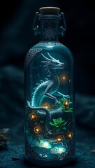 Mythical Blue Dragon Lurking in a Magical Bottle with Glowing Lanterns and Ancient Symbols