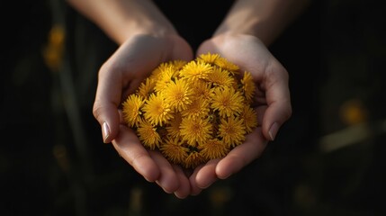 Hands holding a large bunch of bright yellow dandelions against a dark background