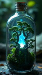 Miniature Enchanted Forest with Twisted Trees and Glowing Blue Light Inside a Glass Bottle