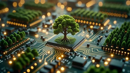 Green technology concept: A tree growing on a computer chip, symbolizing sustainability and environmental consciousness in tech.