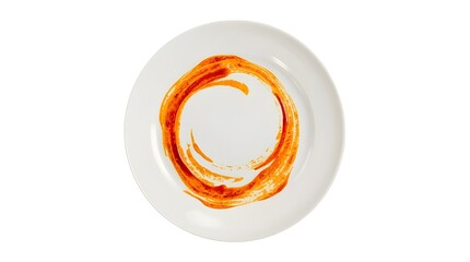 A just-used white plate for food with the sauce stains possibly from a recently finished tomato-based, chili-based, or savory dish with rich seasoning.