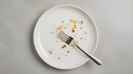 White plate with “just eaten” look. A metallic fork lies diagonally across the plate, its polished surface catching soft reflections and its tips lightly touching some of the remaining food traces.