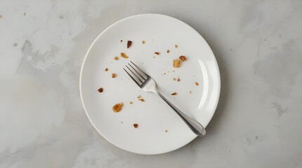 Just eaten white plate with a fork. a realistic depiction of a used dish, immediately recognizable and evocative of kitchen routines, dining moments, or cleaning tasks that follow a meal.