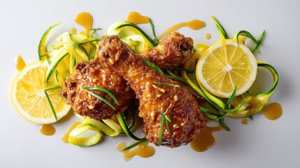 Crispy fried chicken drumsticks with honey mustard glaze on zucchini ribbons lemon garnish bright green fresh ingredients clean beige background for food blog recipe packaging ad


