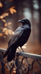 Obraz premium Raven bird perching on ornate fence during autumn