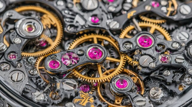 Intricate mechanical movement of a precision timekeeping device shows detailed components