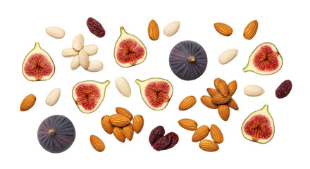 Figs, almonds and dates overhead shot isolated PNG with Transparent Background