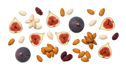 Figs, almonds and dates overhead shot isolated PNG with Transparent Background