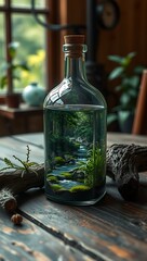 Tiny, lush forest with a winding stream captured inside a glass bottle on a rustic wooden table.