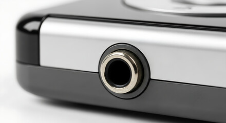 Detailed macro view of audio jack input port on sleek silver and black portable media player isolated on white background electronics