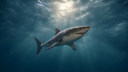 Naklejka premium Majestic great white shark swims gracefully underwater with sun rays illuminating the blue ocean