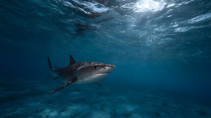 Fototapeta premium A majestic tiger shark glides through clear blue ocean water illuminated by sun rays filtering from the surface